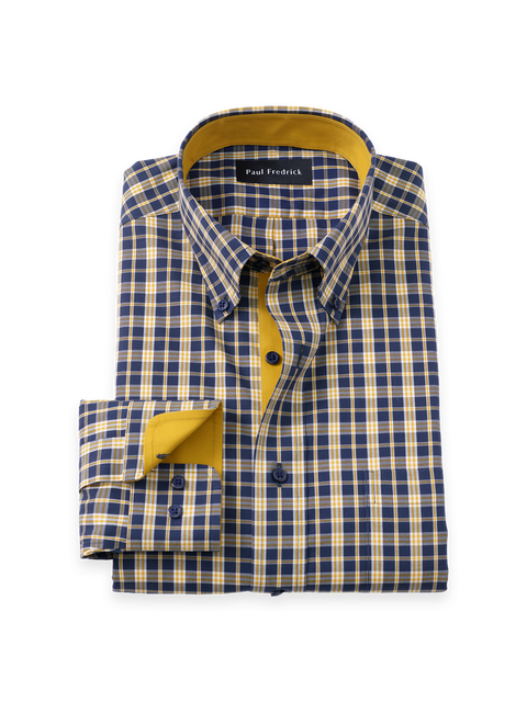 Cotton Spandex Buttondown Collar Pinpoint Tailored Contrast Trim Button Cuff Long Sleeve Shirt