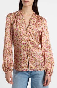 Santorelli Blaine Long Sleeve Buttoned Blouse in Floral Silk Blend