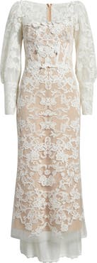Marchesa Notte Corded Lace Long Sleeve Cocktail Dress
