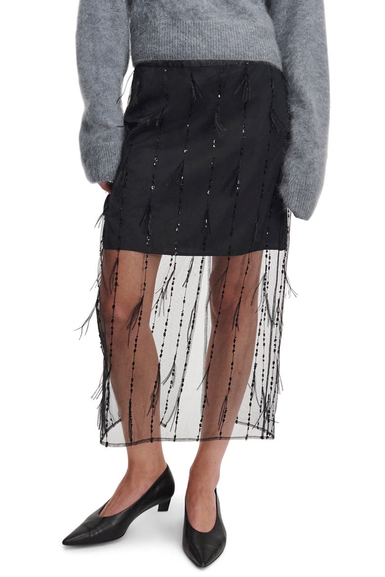 Geena Sequin and Ostrich Feather Midi Skirt, Alternate, color, BLACK