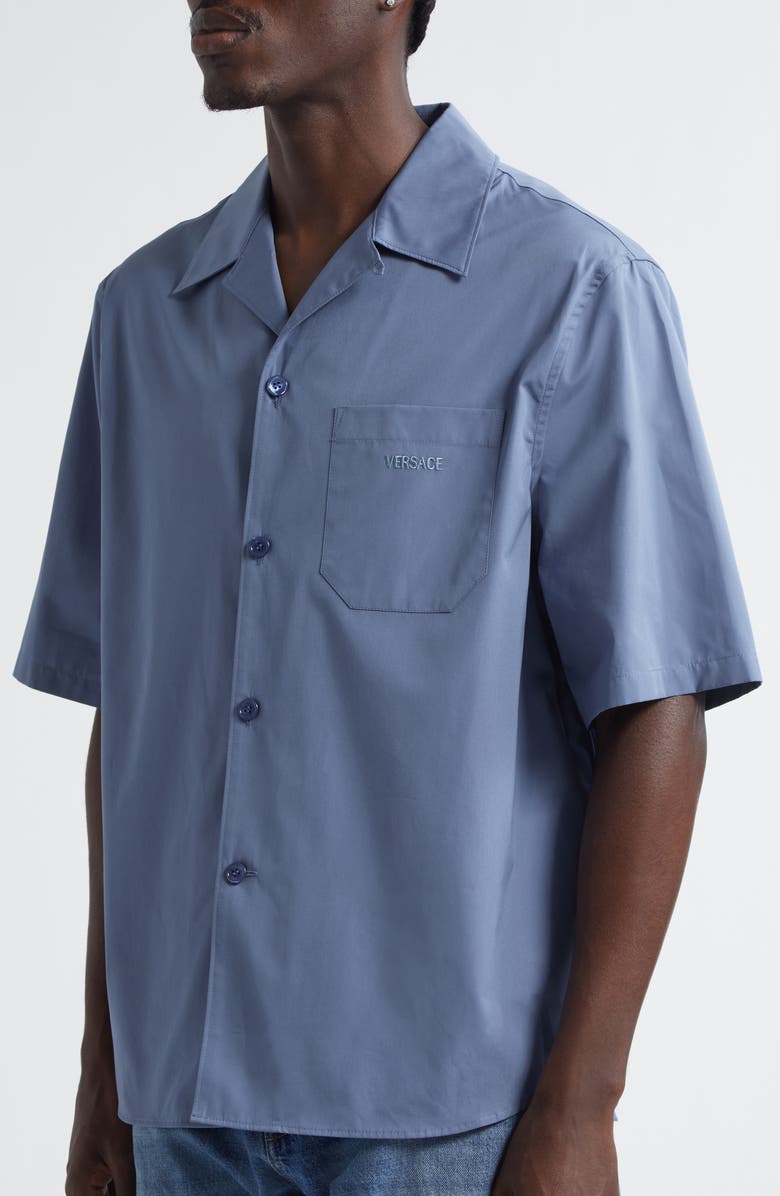 Versace Medusa Cameo Camp Shirt, Alternate, color, Stone Blue Met Dark Grey