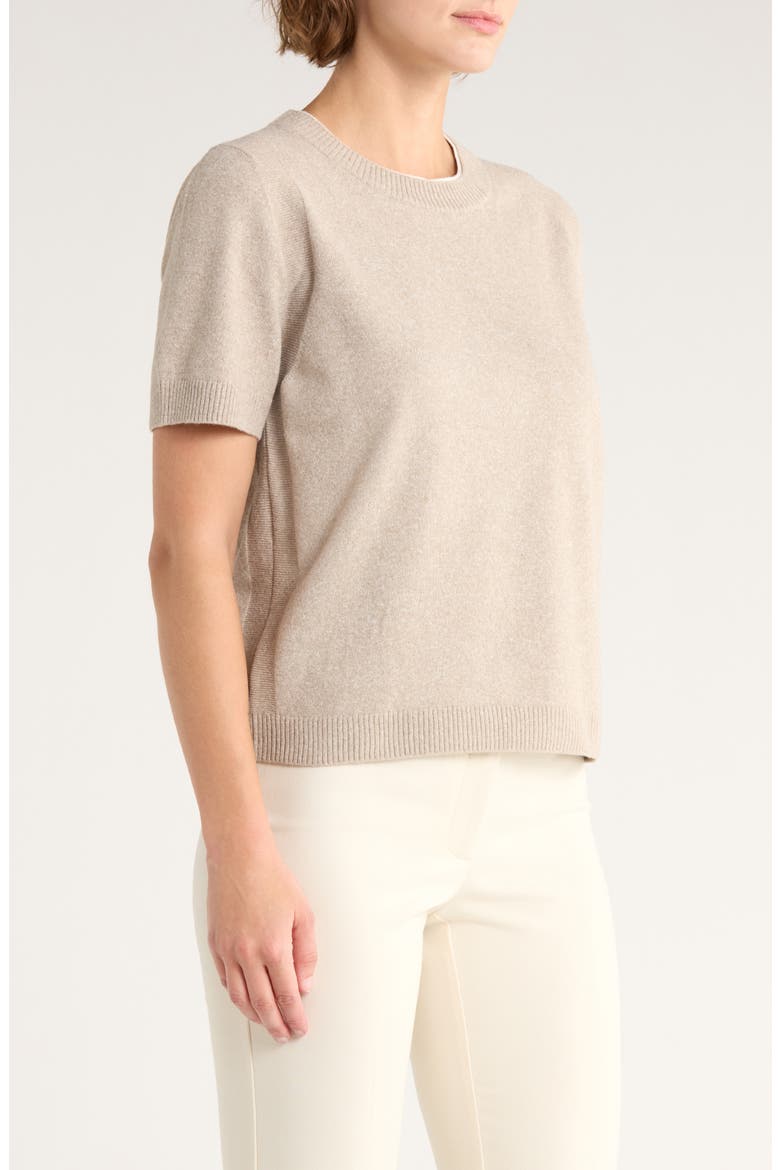 Contrast Detail Short Sleeve Sweater, Alternate, color, LIGHT HEATHER TAUPE