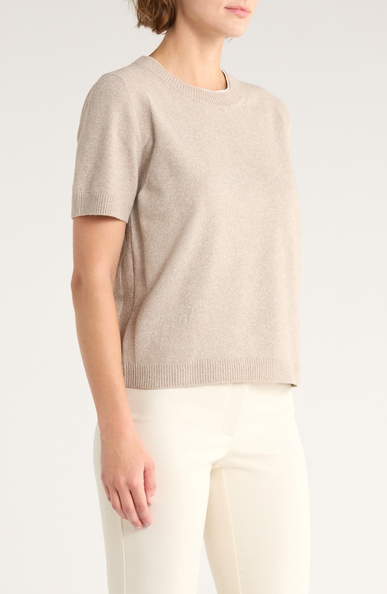 Vince Camuto Contrast Detail Short Sleeve Sweater, Alternate, color, Light Heather Taupe