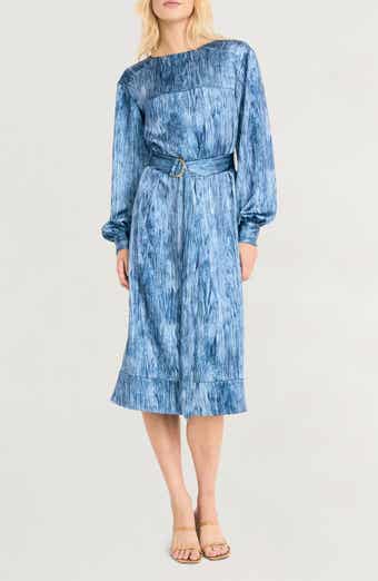 Luxely Abstract Print Long Sleeve Satin Midi Dress