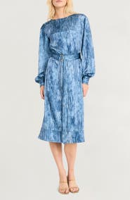Luxely Abstract Print Long Sleeve Satin Midi Dress