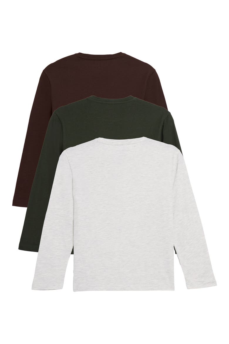 Kids' 3-Pack Long Sleeve Cotton T-Shirts, Alternate, color, OLIVE/ OAT/ BURGUNDY