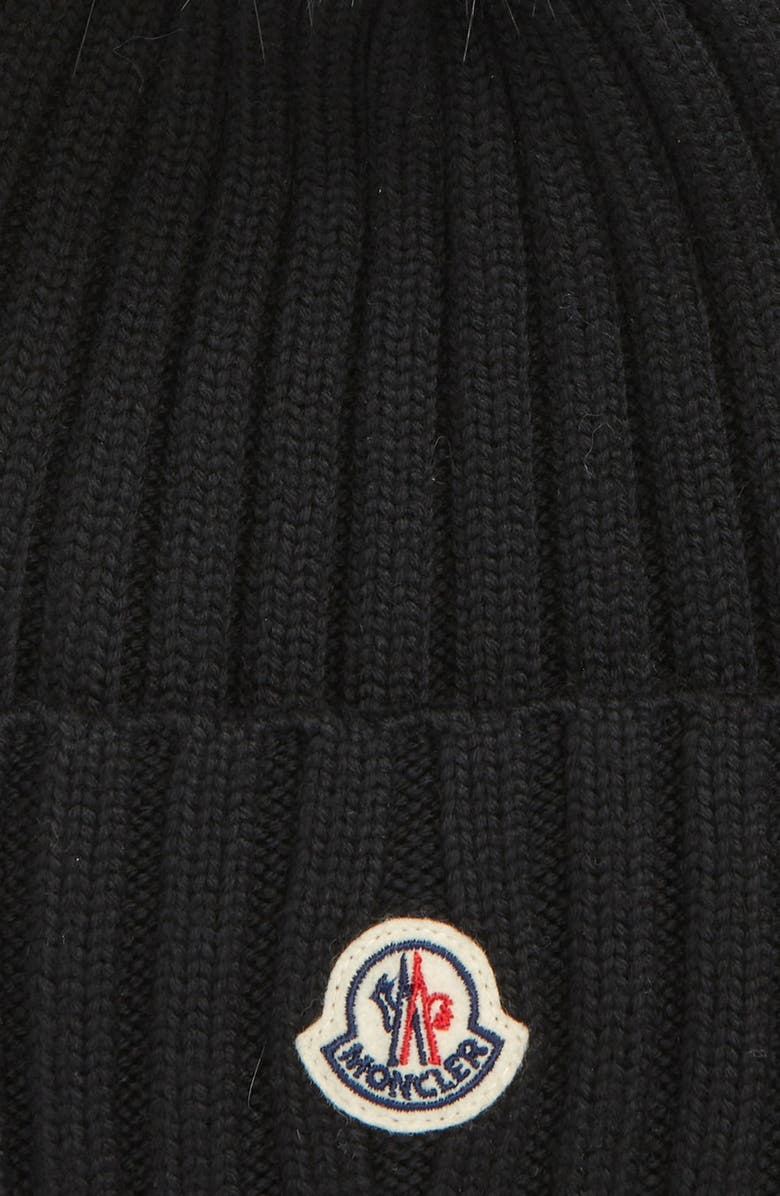 Moncler Wool Rib Beanie with Faux Fur Pompom, Alternate, color,