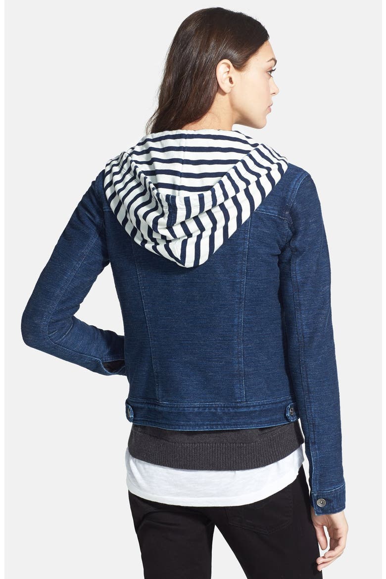 'Indigo' Knit Hood Denim Jacket, Alternate, color, DARK WASH