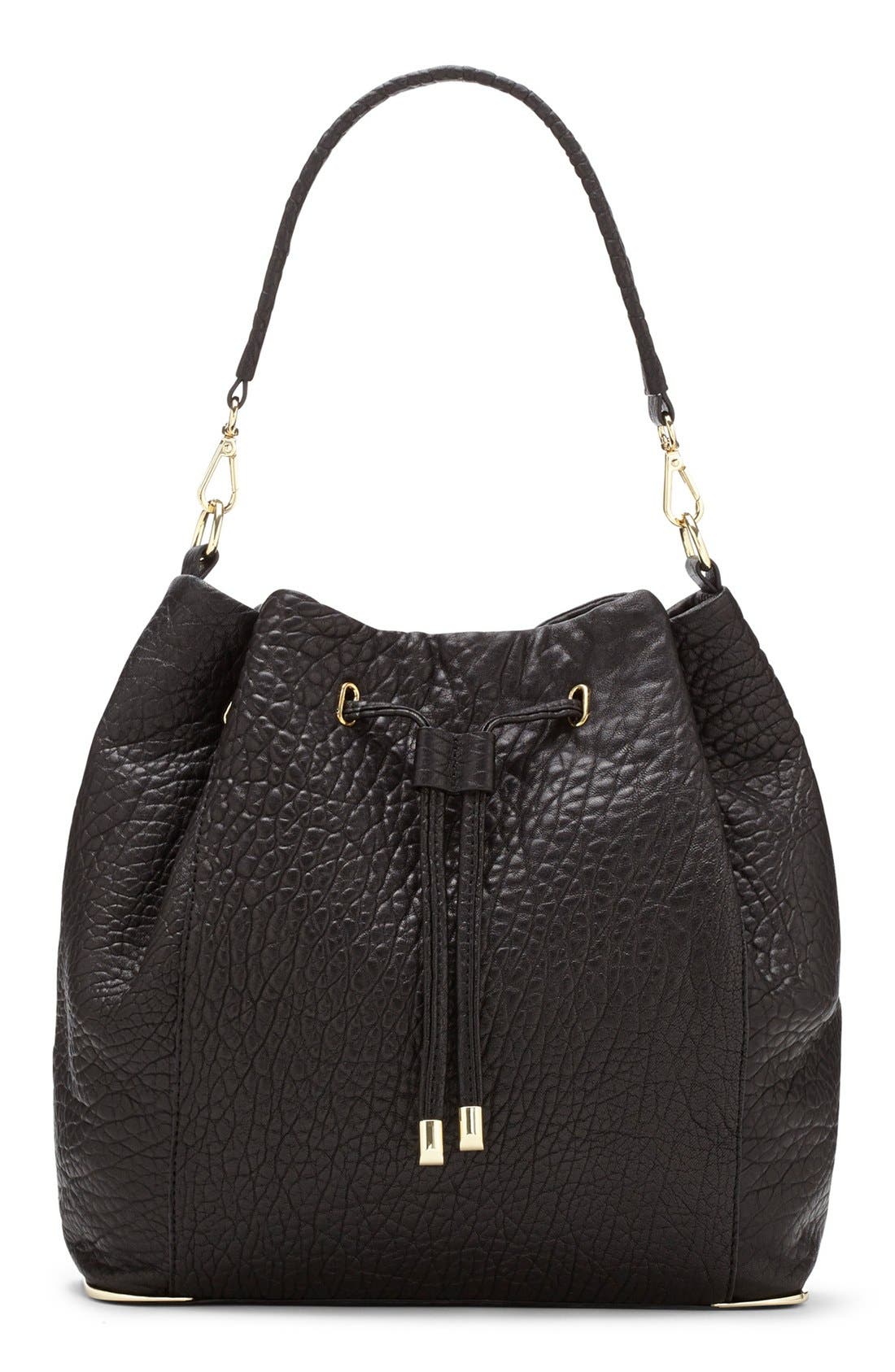 'Knox' Drawstring Leather Bucket Bag, Main, color, BLACK