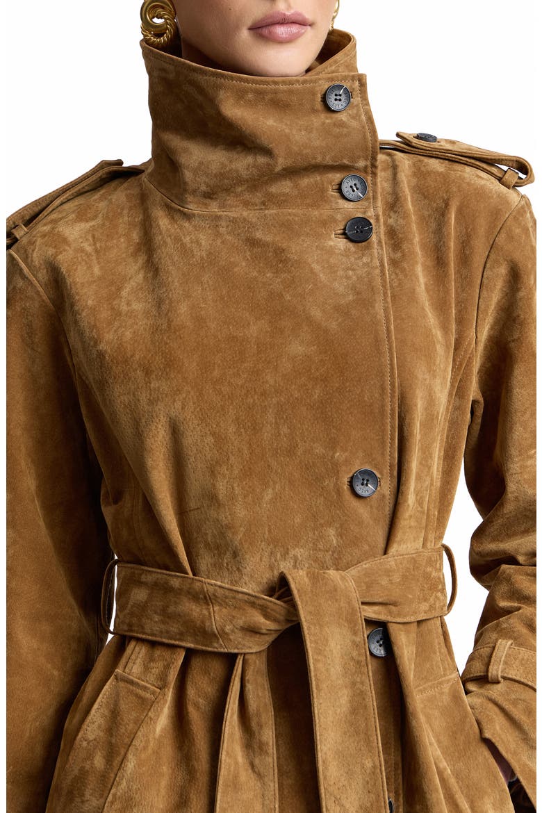 Funnel Neck Slouchy Leather Trench Coat, Alternate, color, WHISKEY