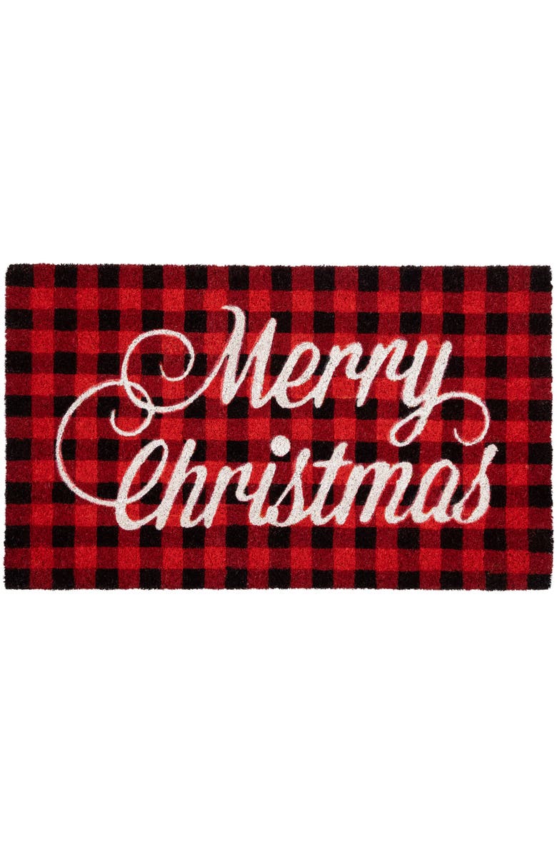 Northlight Red and Black Plaid "Merry Christmas" Natural Coir Christmas Outdoor Doormat 18" x 30", Main, color, 