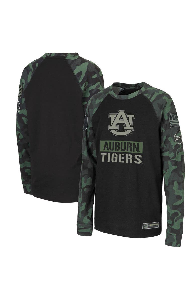 COLOSSEUM Youth Colosseum Black/Camo Auburn Tigers OHT Military Appreciation Raglan Long Sleeve T-Shirt, Main, color, 