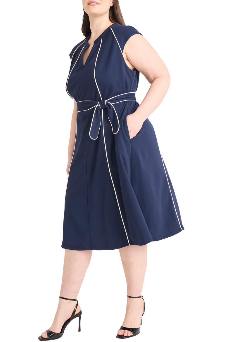 Contrast Piping Belted Midi Dress, Alternate, color, NAVY BLAZER