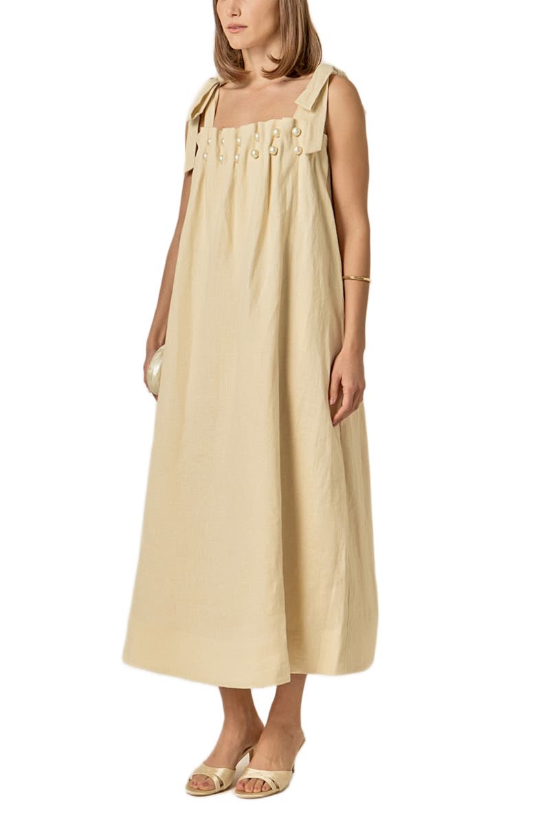 English Factory Faux Pearl Linen Midi Sundress, Alternate, color, Natural