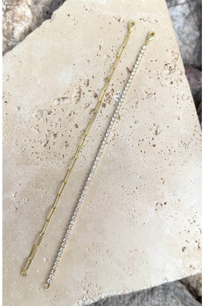 14K Gold Plated Paper Clip Chain & Crystal Tennis Bracelet Set, Alternate, color, GOLD