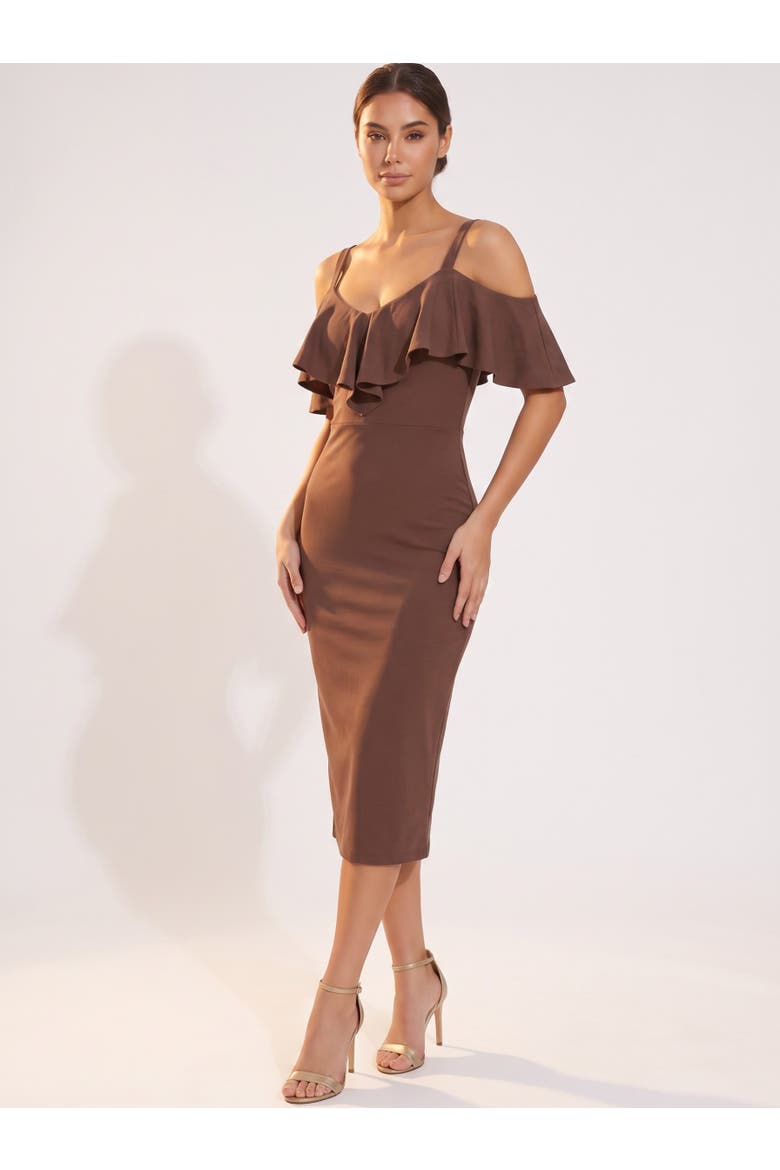 Marcella Off the Shoulder Ruffle Midi Dress, Alternate, color, Mocha