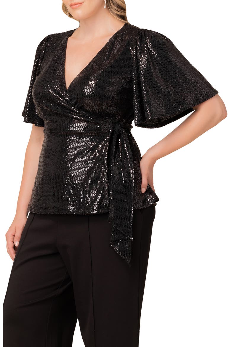 Shimmerying Sequin Wrap Top, Alternate, color, ONYX