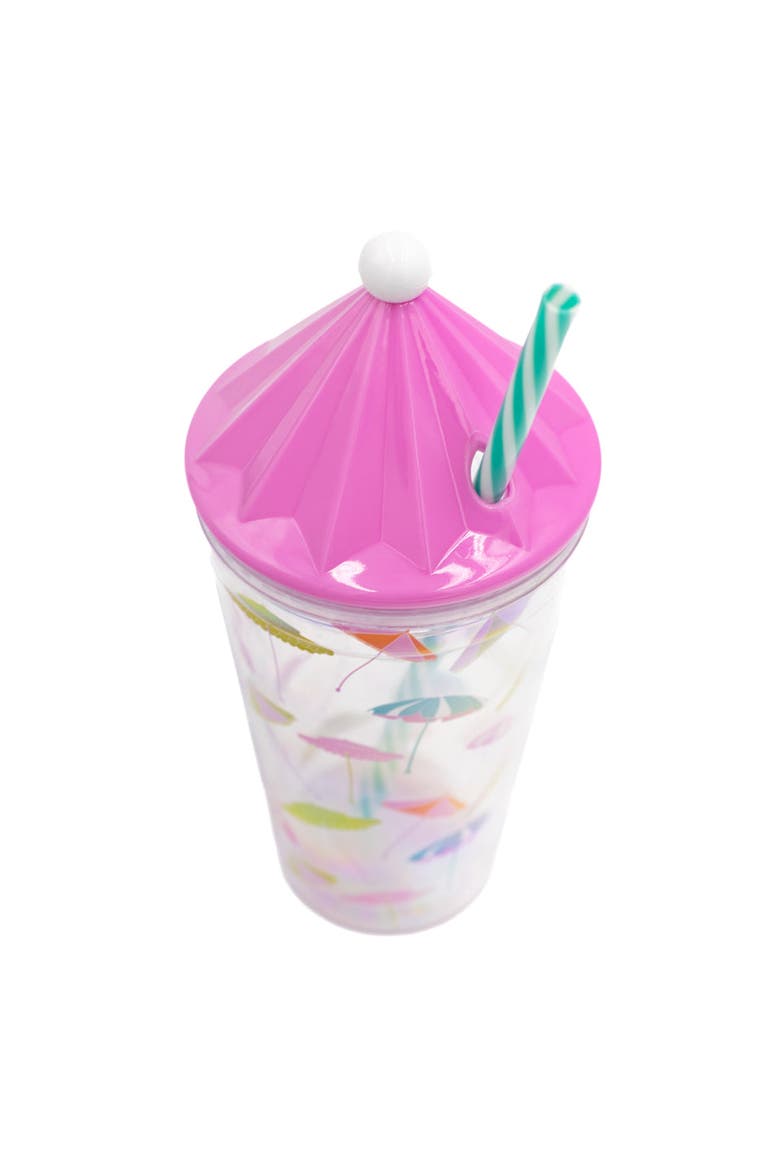 Umbrella Print Drink Tumbler | 18 oz Beach-Inspired Reusable Sipper Cup with Straw and Umbrella Lid | 9.25x4.25 Inch, Alternate, color, Multicolor