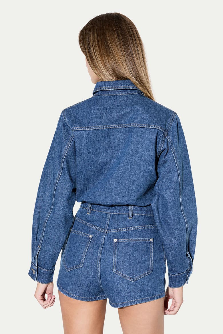 Structured Shoulder Denim Playsuit, Alternate, color, Mid Wash