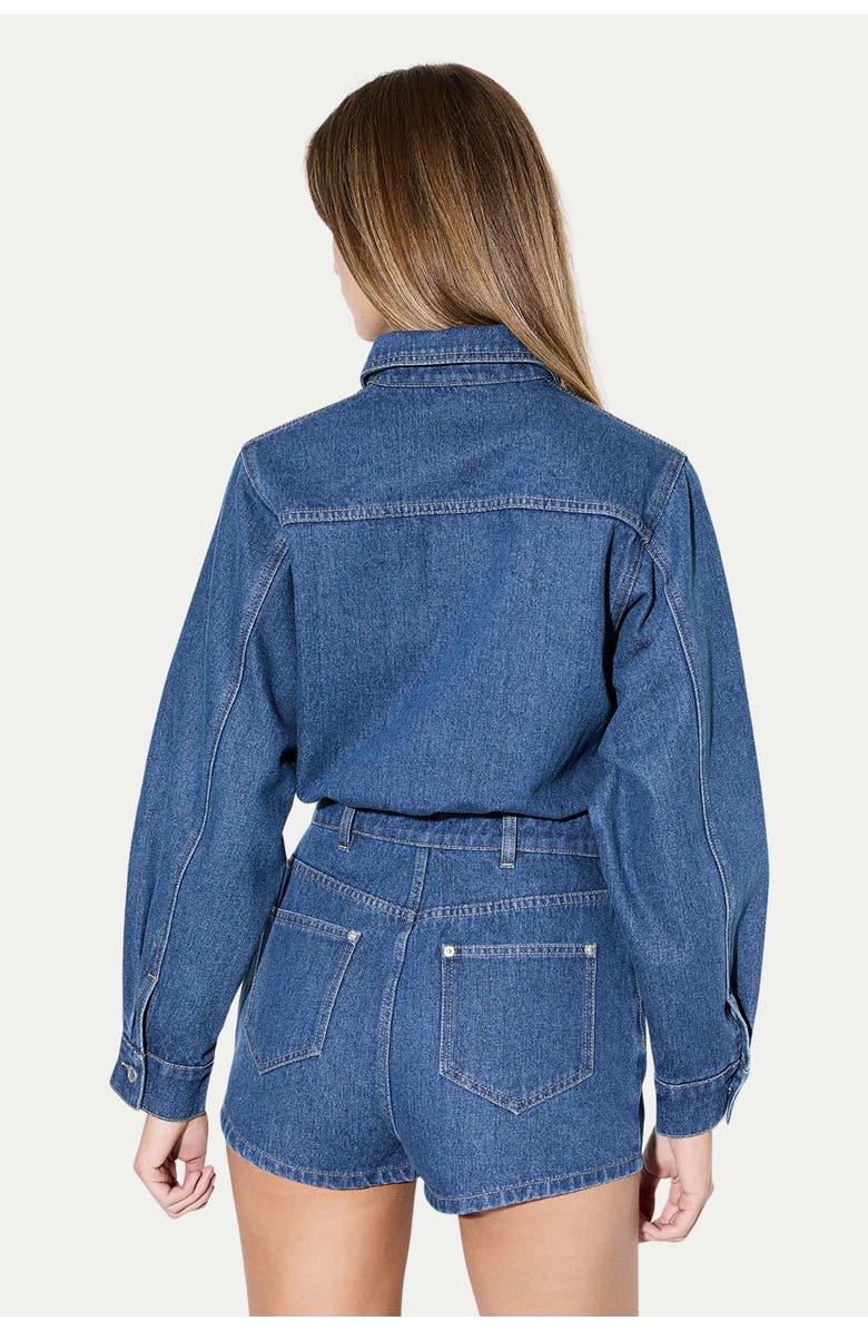 MissPap Structured Shoulder Denim Playsuit, Alternate, color, Mid Wash