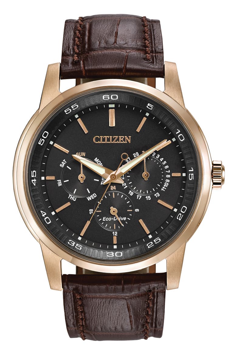 Corso Eco-Drive Leather Strap Watch, 44mm, Main, color, BROWN