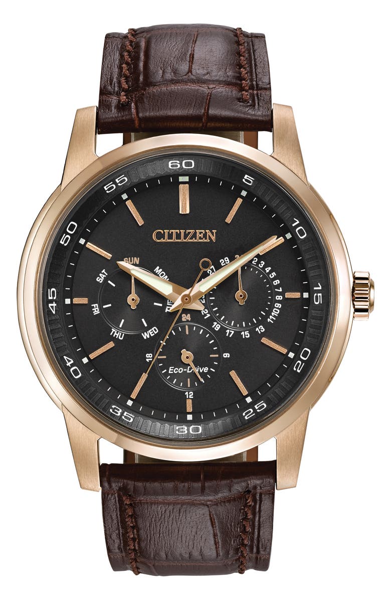 Citizen Corso Eco-Drive Leather Strap Watch, 44mm, Main, color, Brown