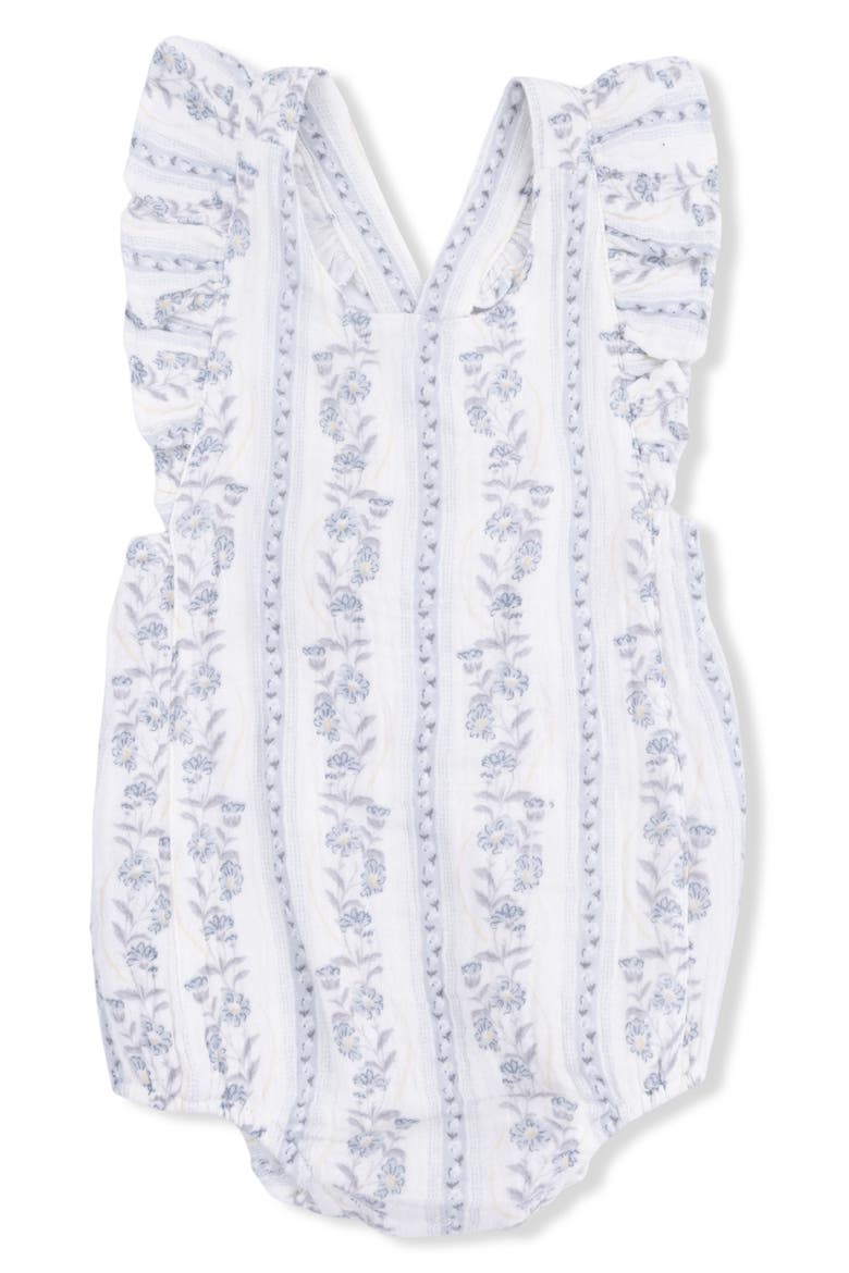 Kimberly Floral Stripe Organic Cotton Muslin Romper, Main, color, IVORY BLUE