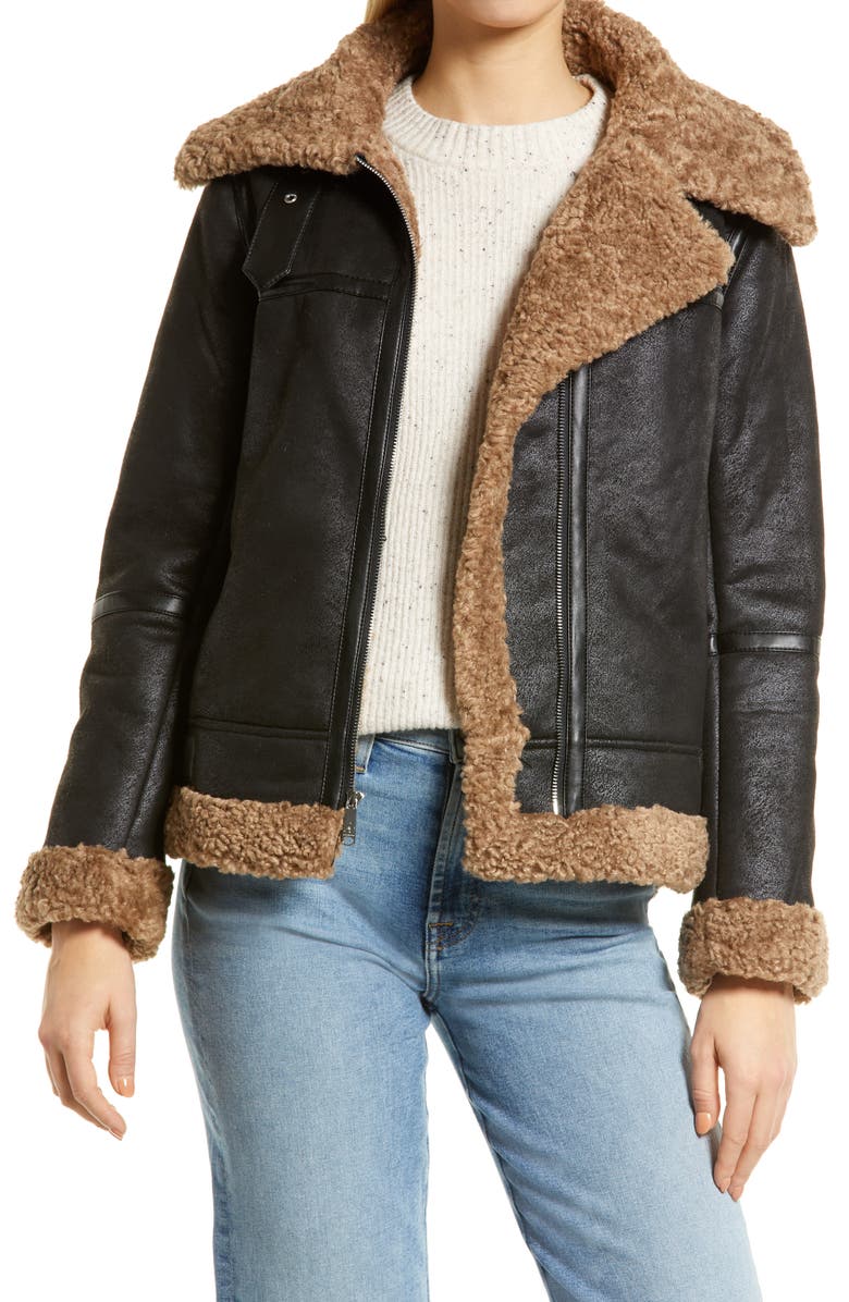 Sam Edelman Short Faux Shearling Trim Aviator Jacket, Main, color,