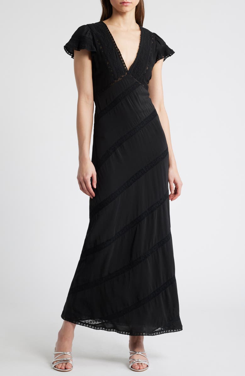 LoveShackFancy Perletta Lace Trim Silk Maxi Dress, Main, color, 