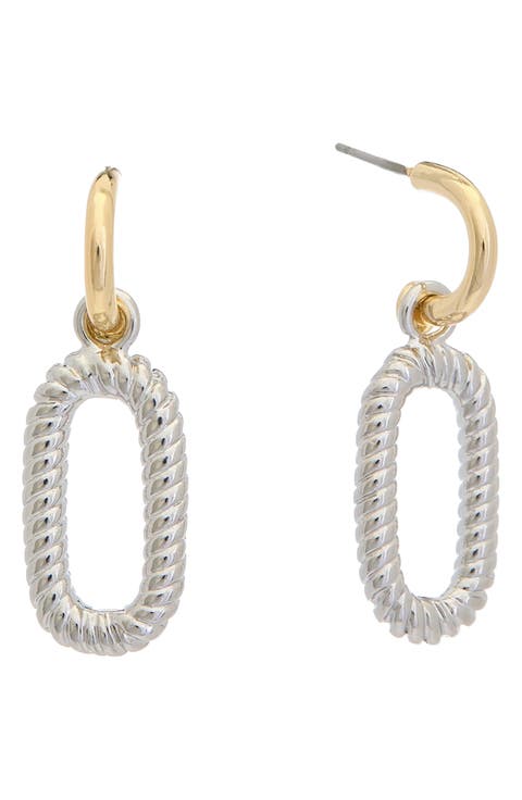 Two-Tone Link Drop Huggie Hoop Earrings