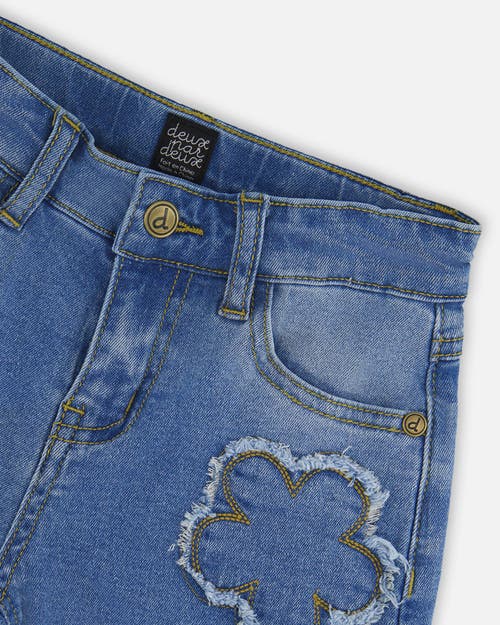 Deux Par Deux Wide Leg Stretch Jeans With Flower Stitching In Blue