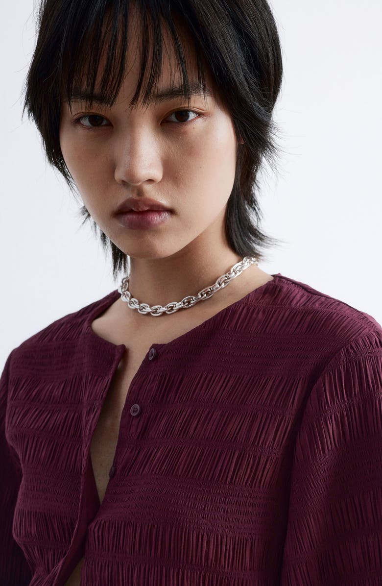 & Other Stories Smocked Balloon Sleeve Button-Up Top, Alternate, color, Red Dark