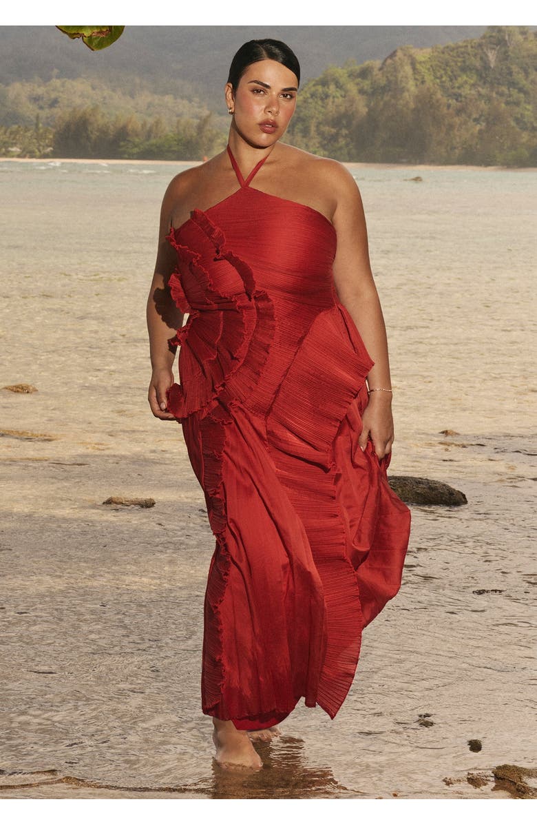 ELOQUII Pleated Ruffle Detail Gown, Main, color, Fire Whirls