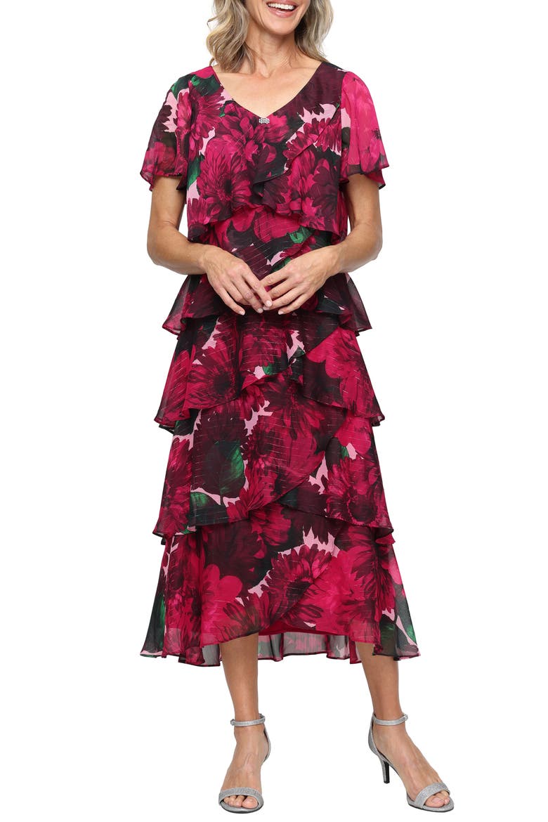 Floral Print Ruffle Chiffon Midi Dress, Main, color, PINK MULTI