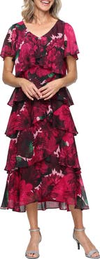 SL FASHIONS Floral Print Ruffle Chiffon Midi Dress