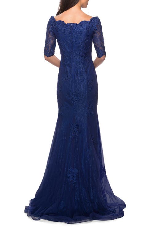La Femme Floor Length Lace Dress With Rhinestone Accents In Marine Blue