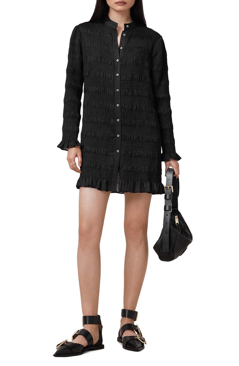 AllSaints Meg Long Sleeve Ruffle Minidress, Alternate, color, Black