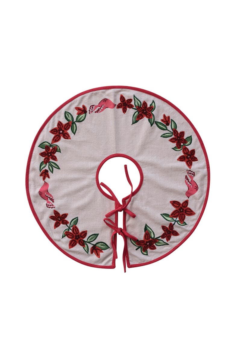 Embroidered Cotton Tree Skirt with Birds & Poinsettias, Alternate, color, Multicolor