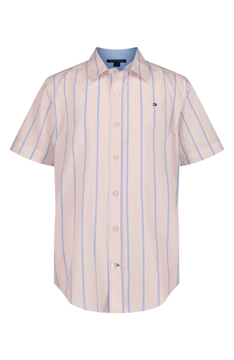 Tommy Hilfiger Kids' Candy Stripe Short Sleeve Button-Up Shirt, Main, color, Icy Pink