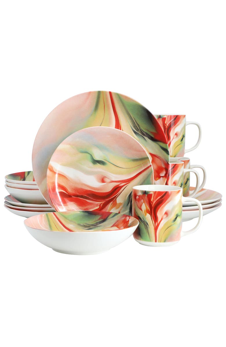 Elama Autumn Storm 16 Piece Abstract Design Round Porcelain Dinnerware Set, Main, color, White