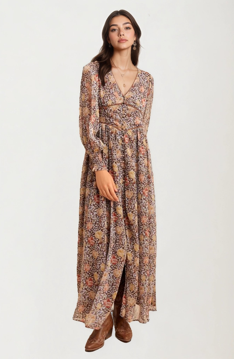 Knit and Lounge Floral Chiffon Smocked Sleeve Flowing Skirt Maxi Dress, Main, color, 
