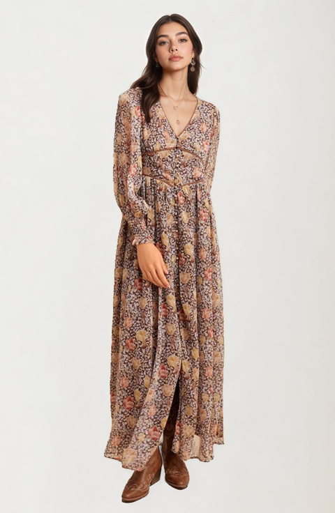 Floral Chiffon Smocked Sleeve Flowing Skirt Maxi Dress