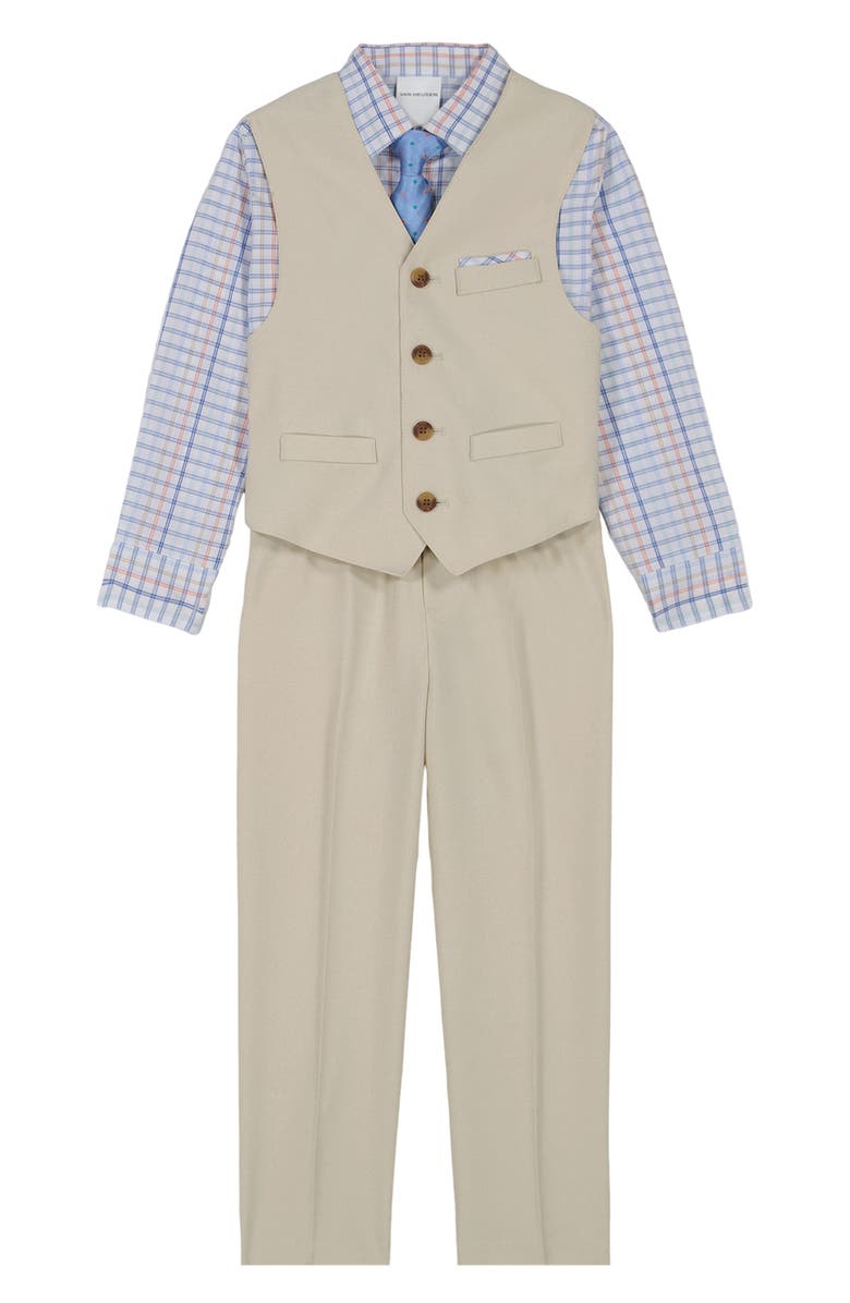 VAN HEUSEN Kids' Heather Poplin Button-Up Shirt, Vest, Tie & Pants Set, Main, color, 238 Cement