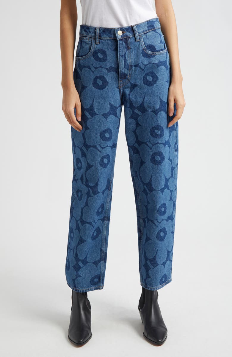 Marimekko Unikko Crop Cotton Stretch Twill Jeans, Main, color, Mid Indigo
