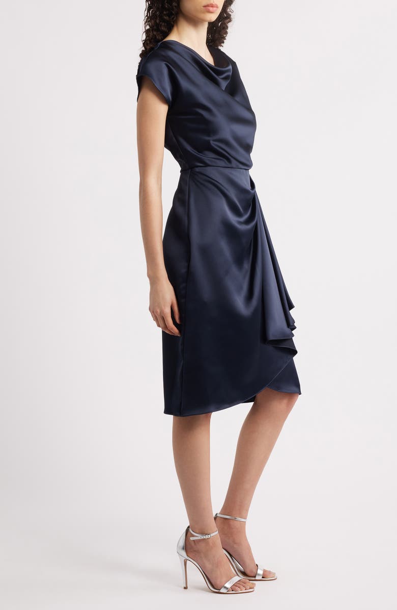 Amsale Cowl Neck Satin Sheath Dress, Alternate, color, Navy