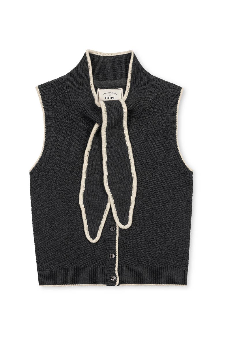 Organic Tie-Neck Button Front Sweater Tank, Alternate, color, Charcoal Heather