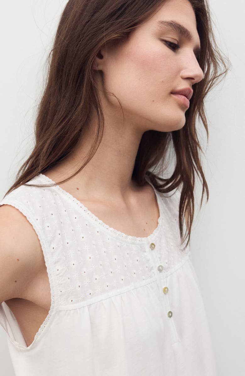 MANGO Embroidered Eyelet Yoke Sleeveless Cotton Nightgown, Alternate, color, White