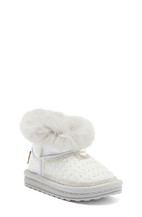 Kids' Rhinestone Imitation Pearl Faux Fur Trim Boot (Walker & Toddler)