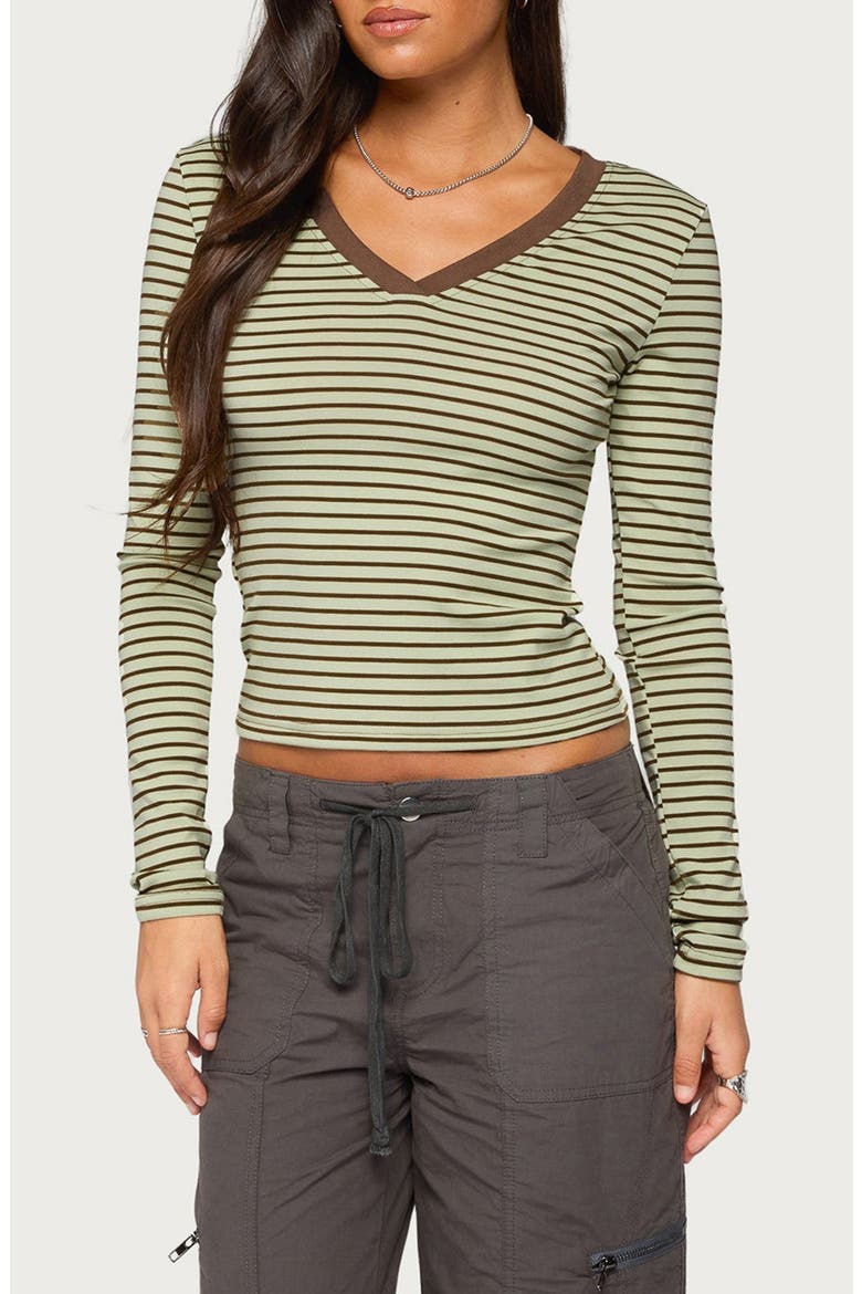 Yania Striped Long Sleeve V-Neck Top, Main, color, MINT-AND-BROWN