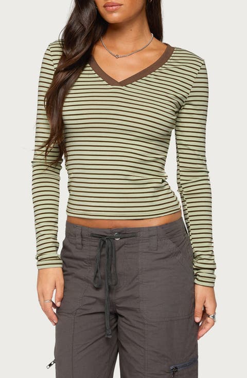 Yania Striped Long Sleeve V-Neck Top